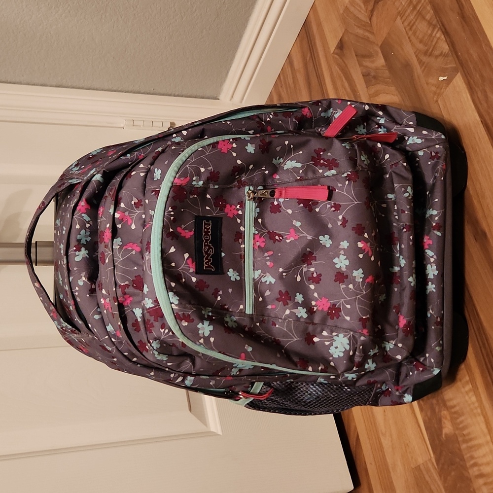Jansport Gray Floral Roller Backpack / Luggage Bag Wi… Gem